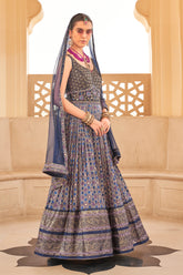 Exclusive latest Blue designer Gown in pure pv silk and foil print with net dupatta detailed embroidery, hand and mirror work